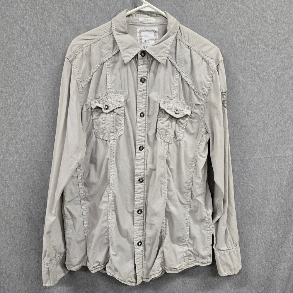 BKE Mens Slim Fit Long Sleeve Button Down Shirt Grey XL 1545 Embroidered Patch